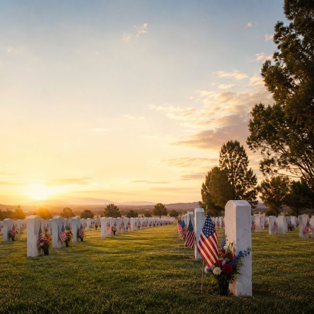 American flags and flowers beside white headstones at a national cemetery at sunset