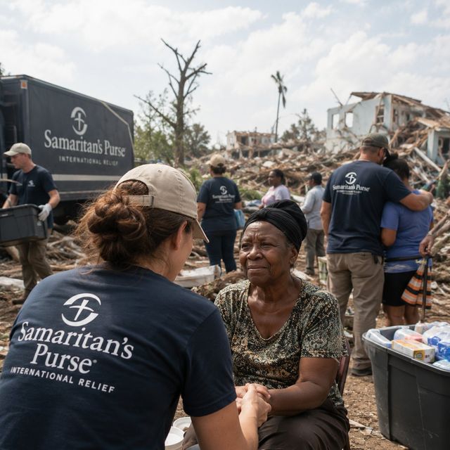 Samaritan's Purse volunteers comforting a woman amid disaster debris