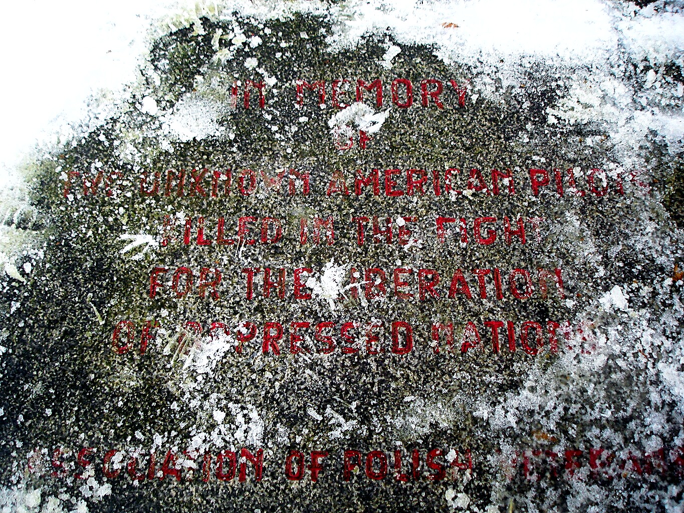 Snow-dusted inscription reading: In memory of the unknown American pilots killed in the fight for the liberation of oppressed nations — Association of Polish Veterans