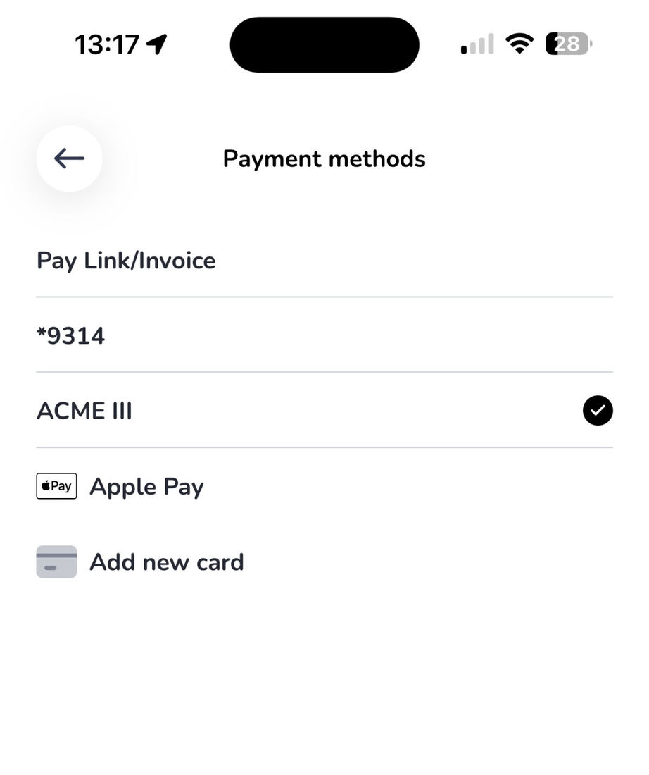 Guardian rider app — payment methods, with the company account selected